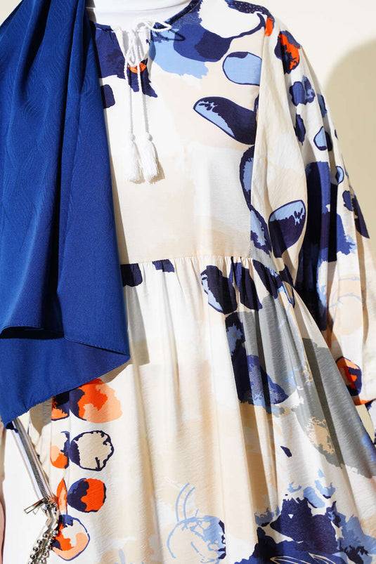 Gestreepte jurk met elastische mouwen, marineblauw