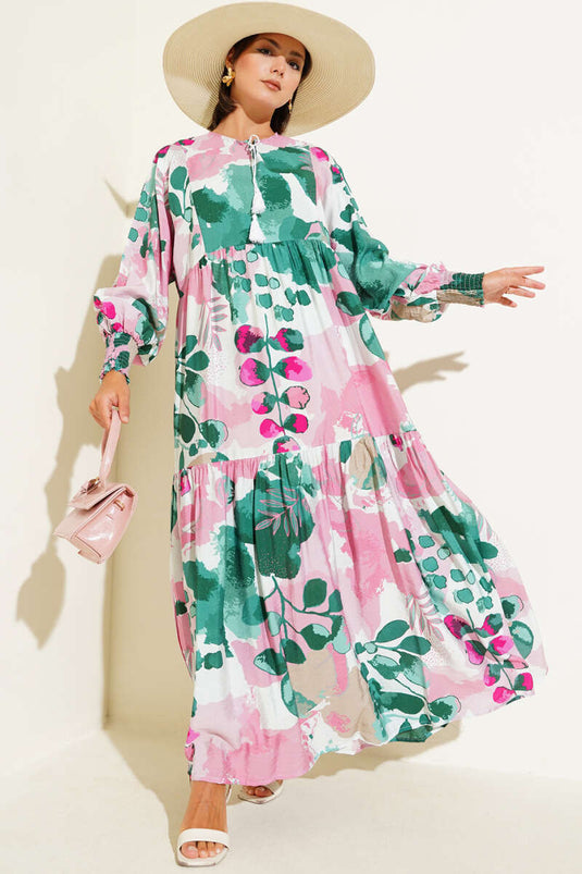 Abito con maniche elastiche fantasia color polvere