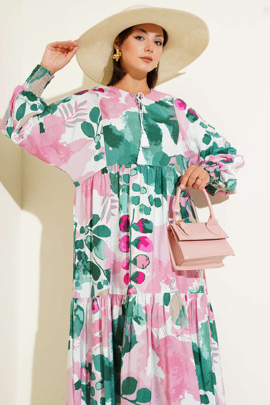 Abito con maniche elastiche fantasia color polvere