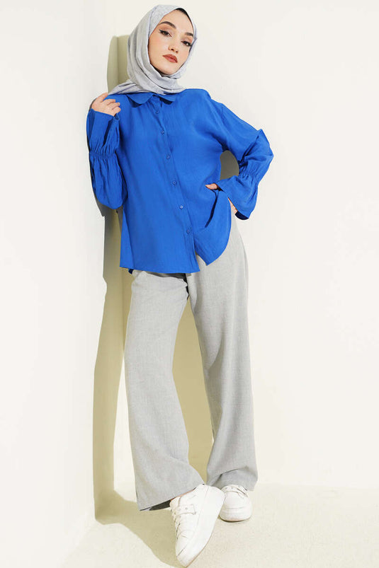 Shirt with Elastic Sleeves Crinkle Blue