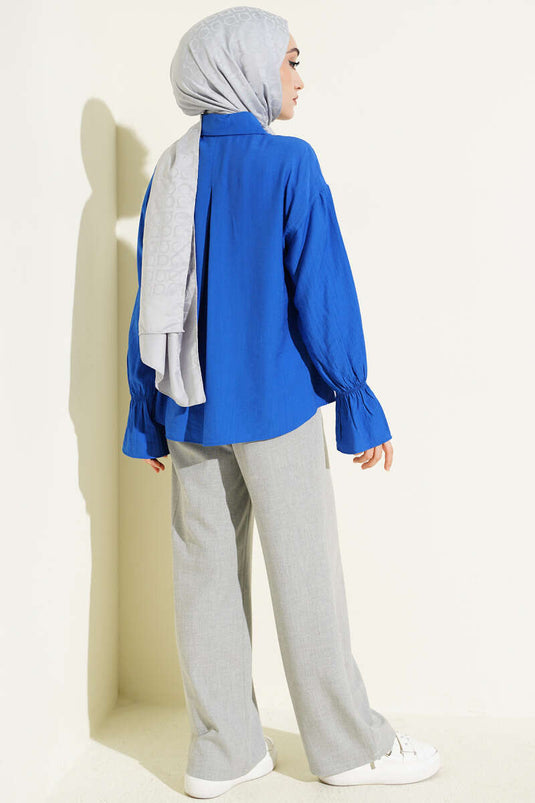 Shirt with Elastic Sleeves Crinkle Blue