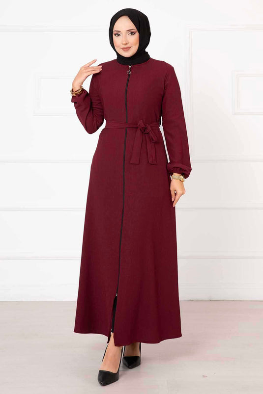 Burgundy Ferace with Elastic Sleeves and Belt Detail