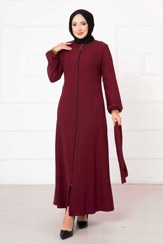 Burgundy Ferace with Elastic Sleeves and Belt Detail