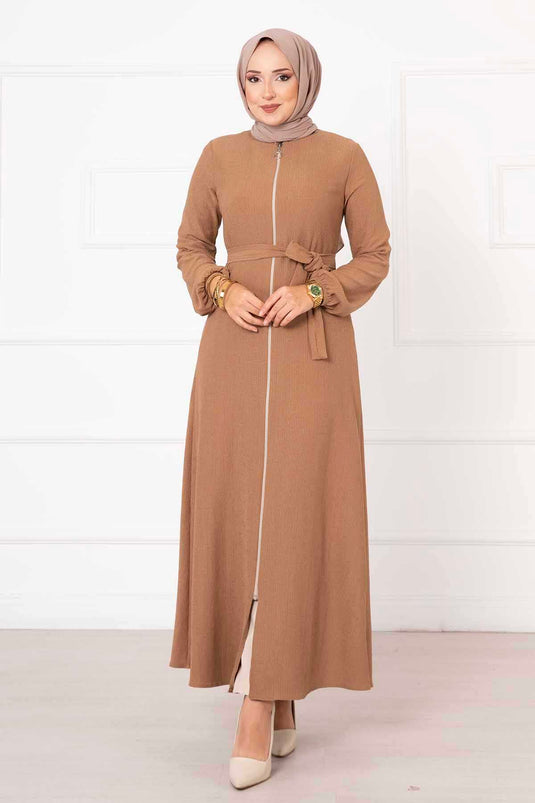 Elastic Sleeved Belt Detail Abaya Camel