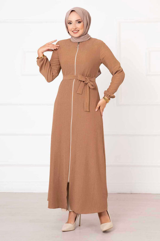 Elastic Sleeved Belt Detail Abaya Camel