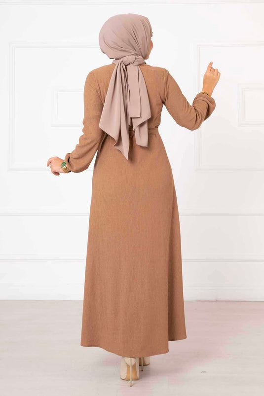 Elastic Sleeved Belt Detail Abaya Camel