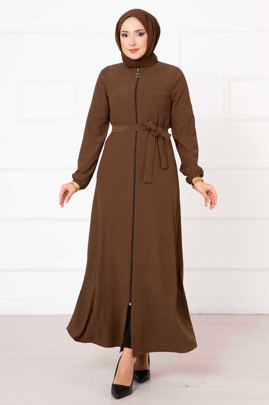 Elastic Sleeved Belt Detail Abaya Brown