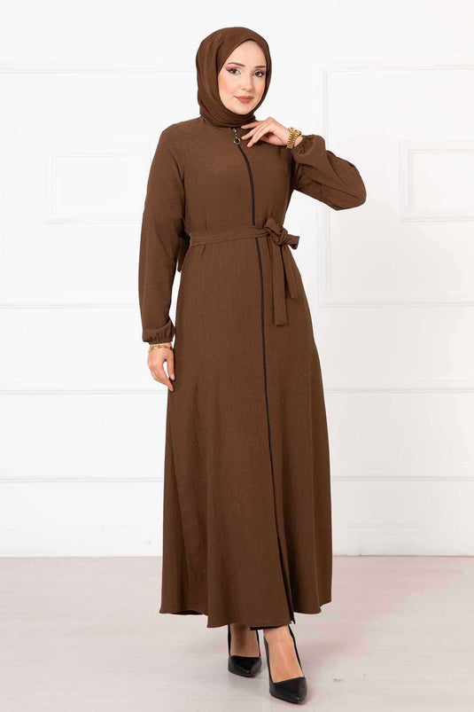 Elastic Sleeved Belt Detail Abaya Brown