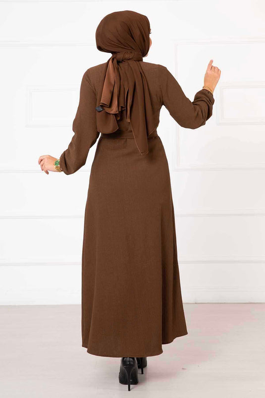 Elastic Sleeved Belt Detail Abaya Brown