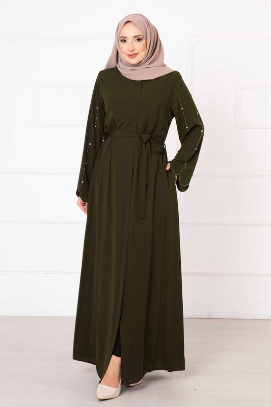 عباية مقصوصة بالليزر بأكمام كاكي