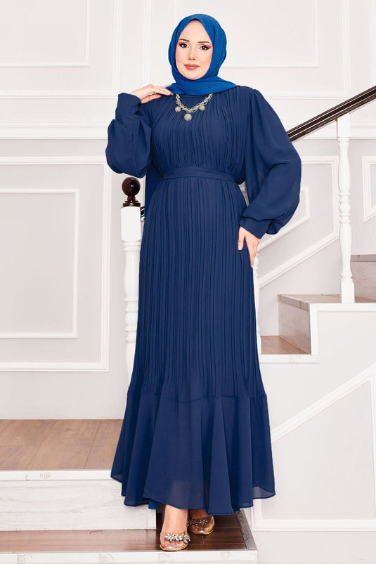 Robe de soirée hijab à manches en organza bleue