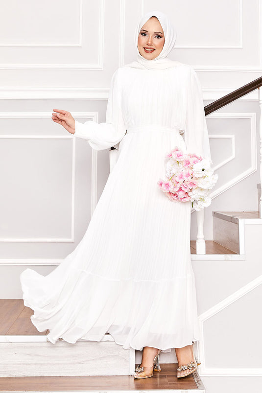 Kolları Organze Tesettür Abiye Beyaz