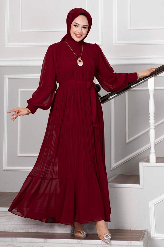 Robe de soirée hijab en organza avec manches rouge bordeaux