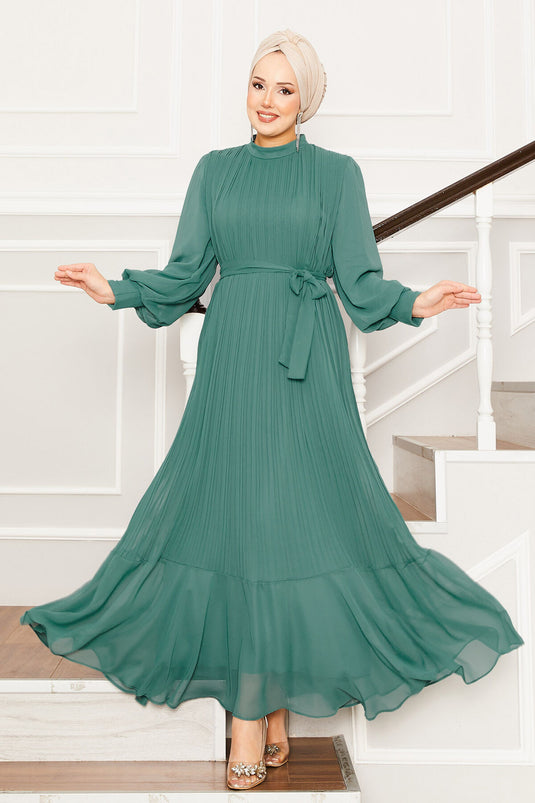 Robe de soirée hijab à manches en organza Cagla Green