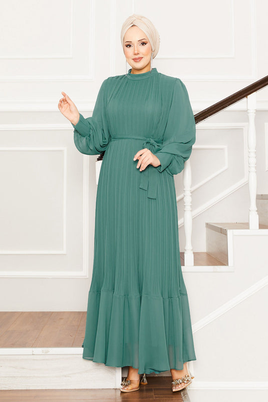 Robe de soirée hijab à manches en organza Cagla Green