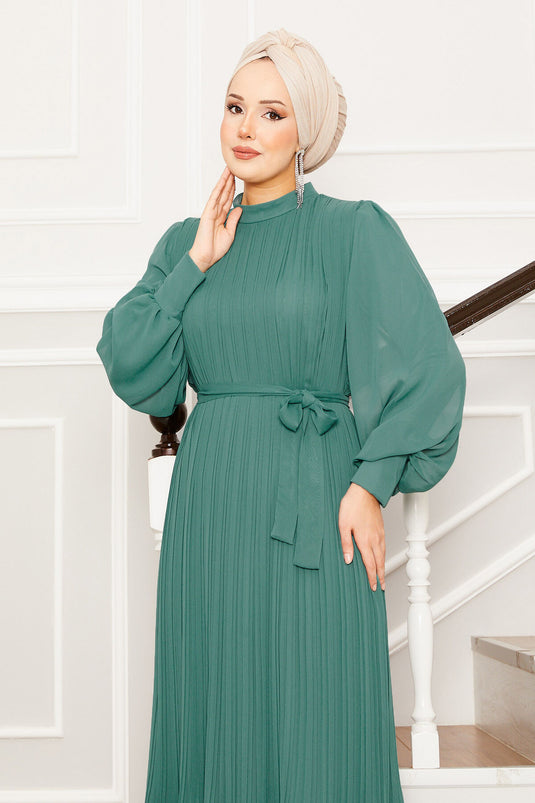 Robe de soirée hijab à manches en organza Cagla Green