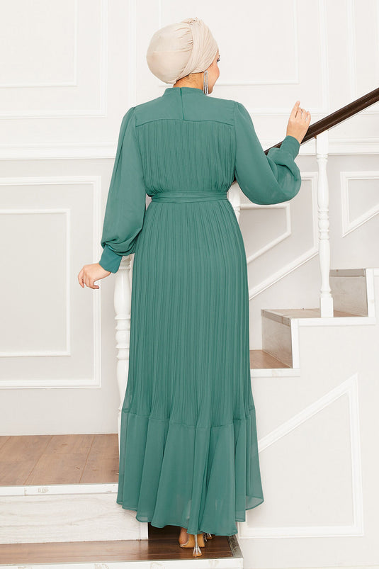 Robe de soirée hijab à manches en organza Cagla Green