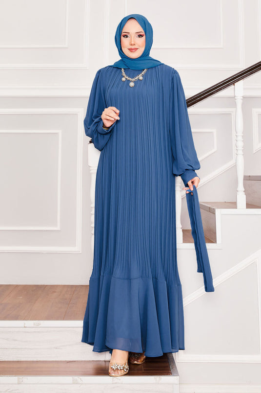 فستان سهرة للحجاب بأكمام من الأورجانزا، نيلي