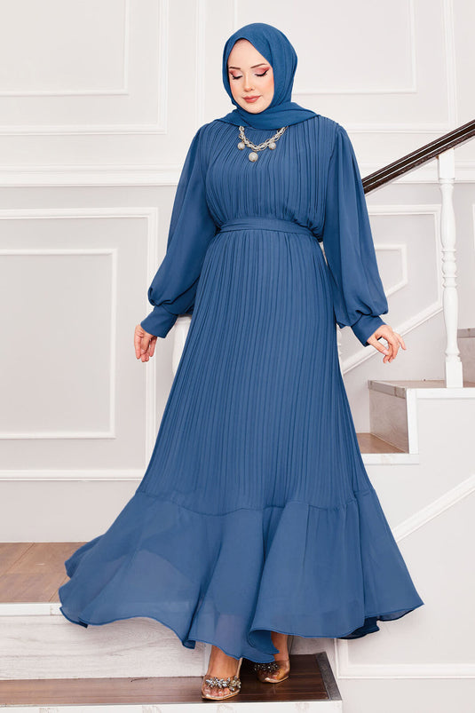 Organza-Ärmel Hijab Abendkleid Indigo