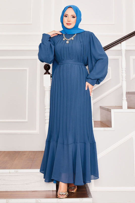 Organza-Ärmel Hijab Abendkleid Indigo