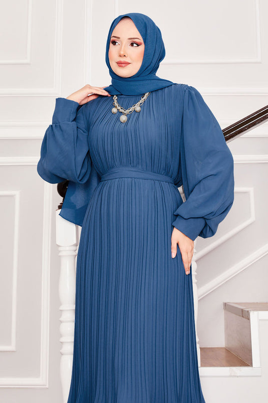 فستان سهرة للحجاب بأكمام من الأورجانزا، نيلي