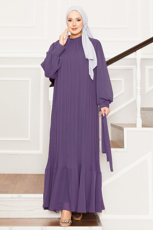 فستان سهرة للحجاب بأكمام من الأورجانزا، لون أرجواني