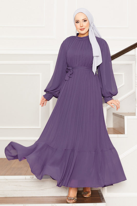 Kolları Organze Tesettür Abiye Lila