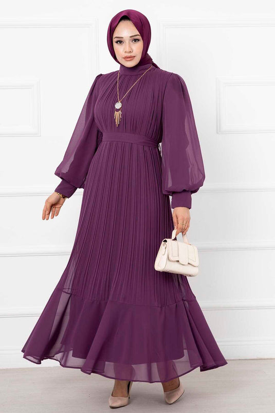 فستان سهرة أورجانزا حجاب أرجواني بأكمام