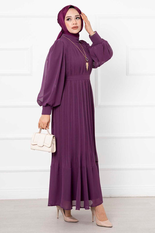 فستان سهرة أورجانزا حجاب أرجواني بأكمام