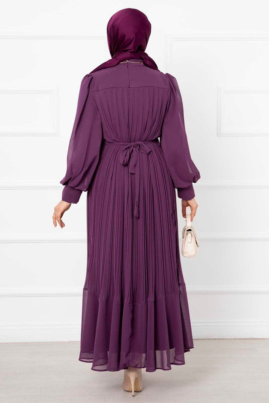 فستان سهرة أورجانزا حجاب أرجواني بأكمام