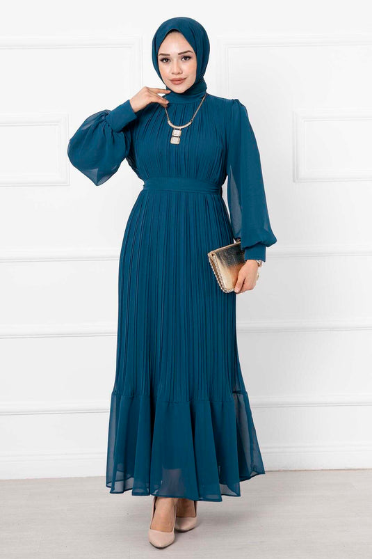 Robe de soirée hijab à manches en organza, pétrole