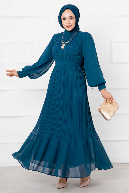 Robe de soirée hijab à manches en organza, pétrole