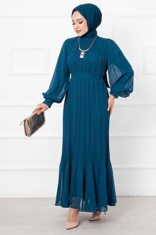 Robe de soirée hijab à manches en organza, pétrole