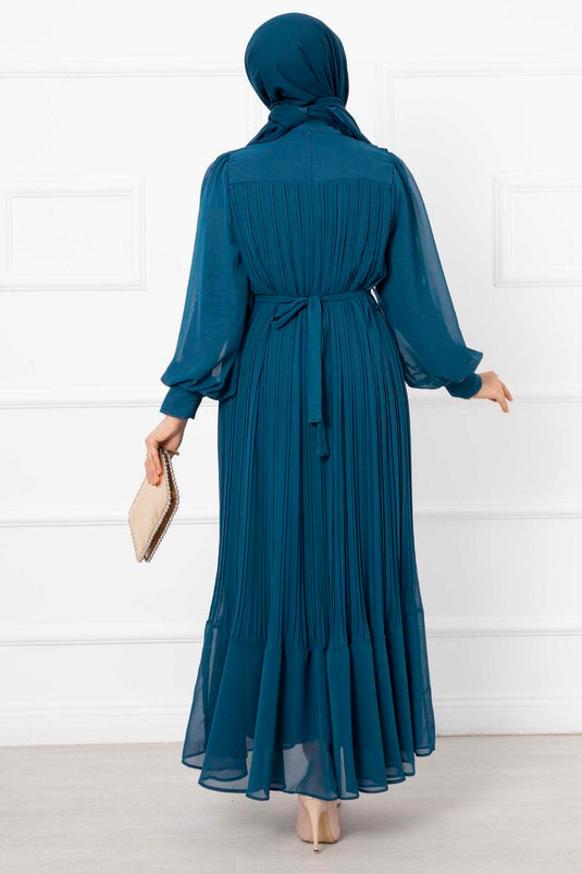 Robe de soirée hijab à manches en organza, pétrole