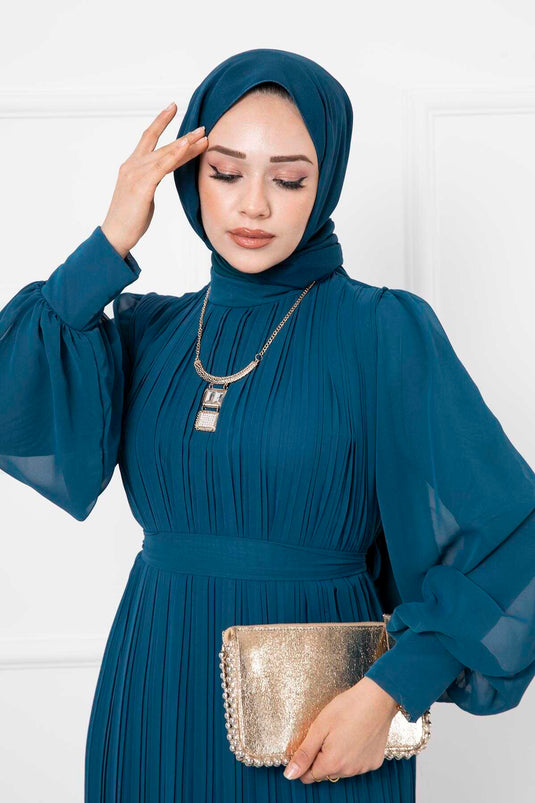 Robe de soirée hijab à manches en organza, pétrole