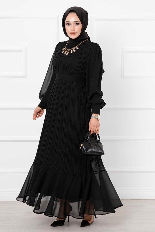 Robe de soirée hijab en organza noire avec manches