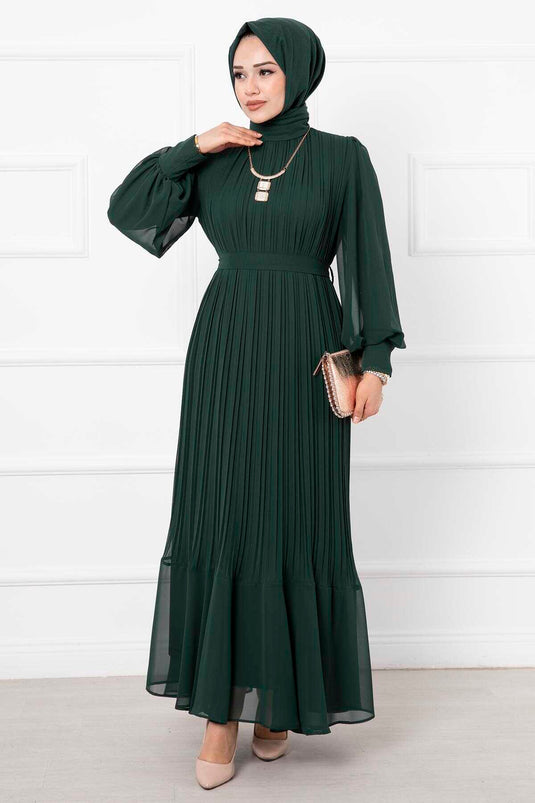 Kolları Organze Tesettür Abiye Zümrüt