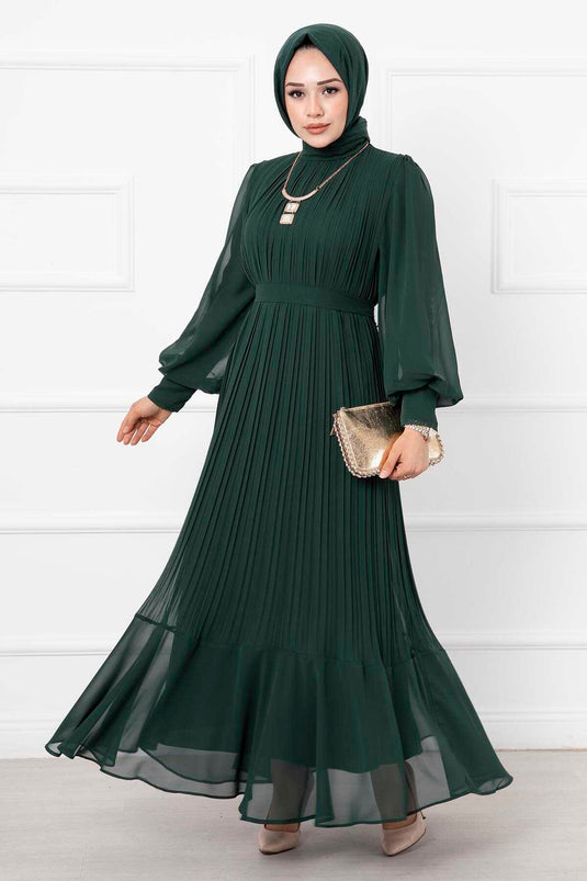فستان سهرة للحجاب بأكمام من الأورجانزا، لون زمردي