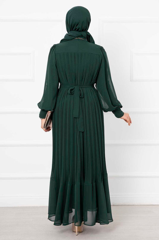 Kolları Organze Tesettür Abiye Zümrüt