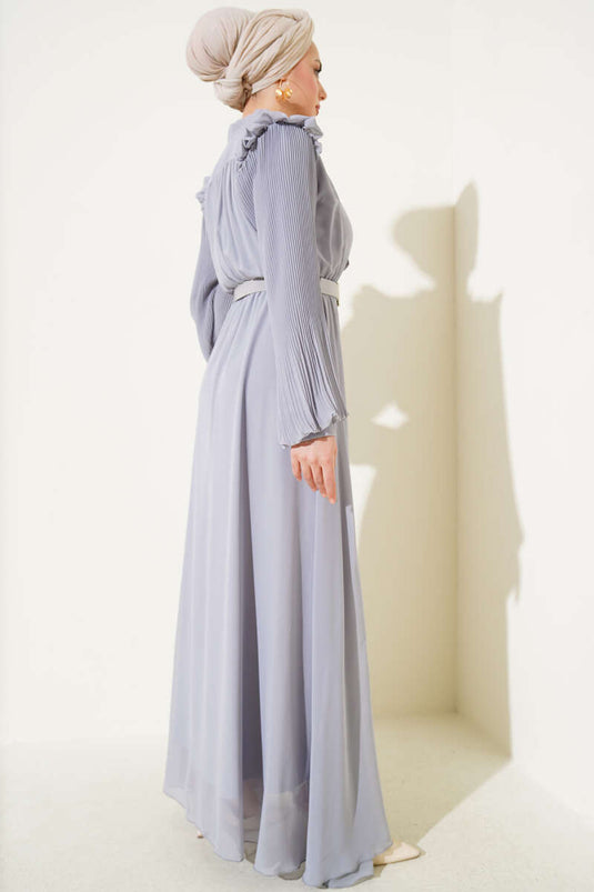 Kolları Piliseli Elbise Gri