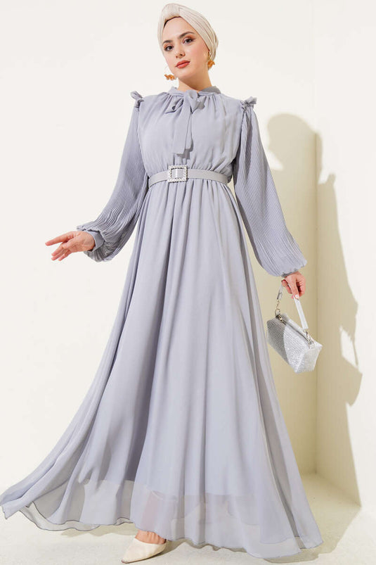 Kolları Piliseli Elbise Gri