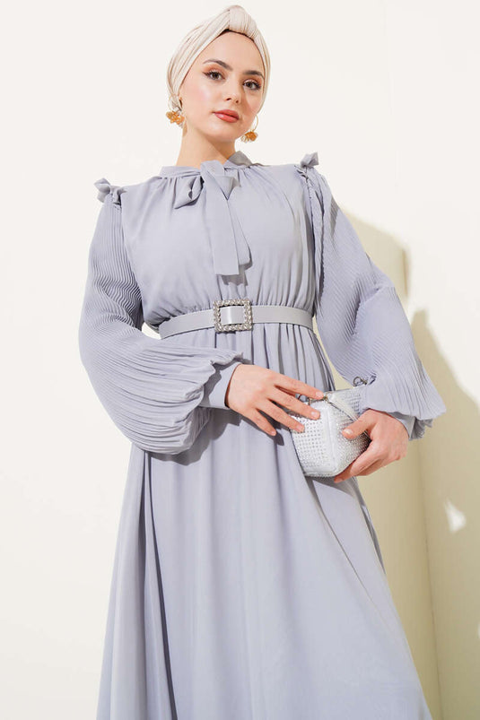 Kolları Piliseli Elbise Gri