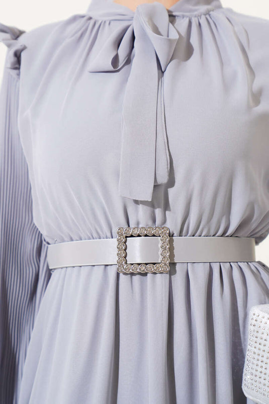 Kolları Piliseli Elbise Gri