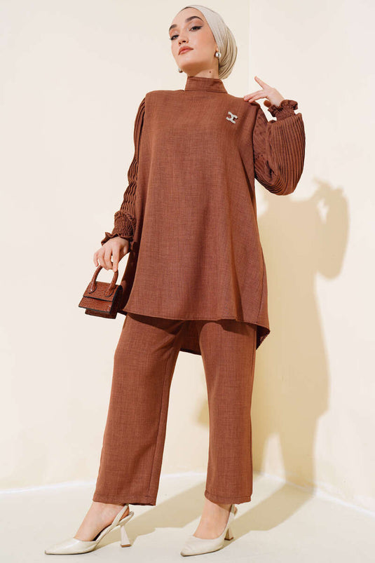 Ensemble double en lin à manches plissées Marron