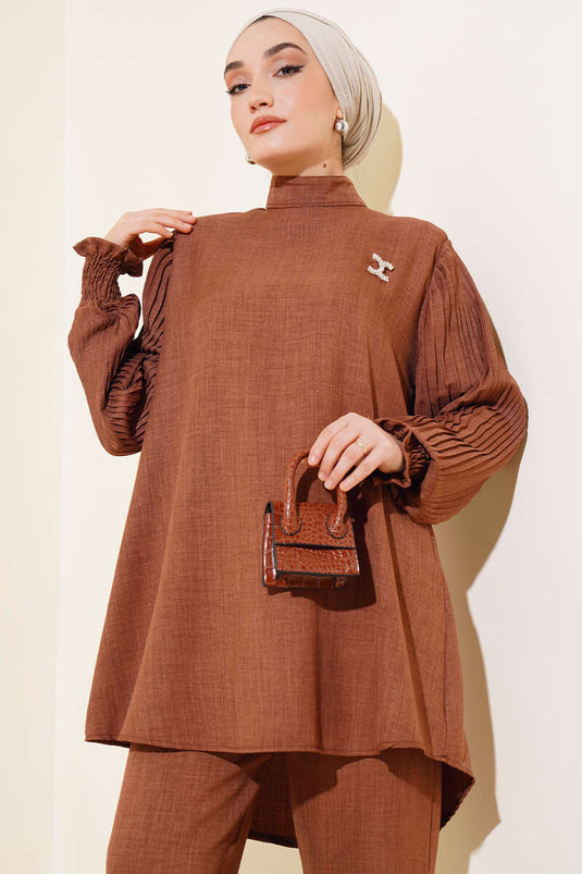 Ensemble double en lin à manches plissées Marron