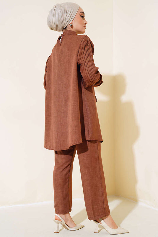 Pleated Sleeve Linen Two-Piece Set Coffee