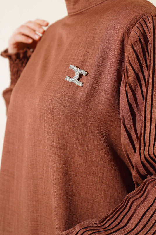 Pleated Sleeve Linen Two-Piece Set Coffee