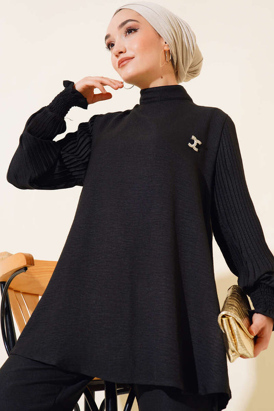 Abito Double in Lino con Maniche Plissè Nero