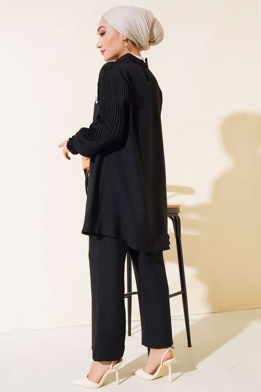 Abito Double in Lino con Maniche Plissè Nero