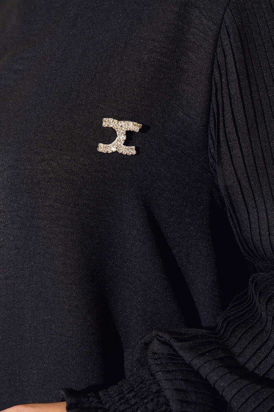 Abito Double in Lino con Maniche Plissè Nero